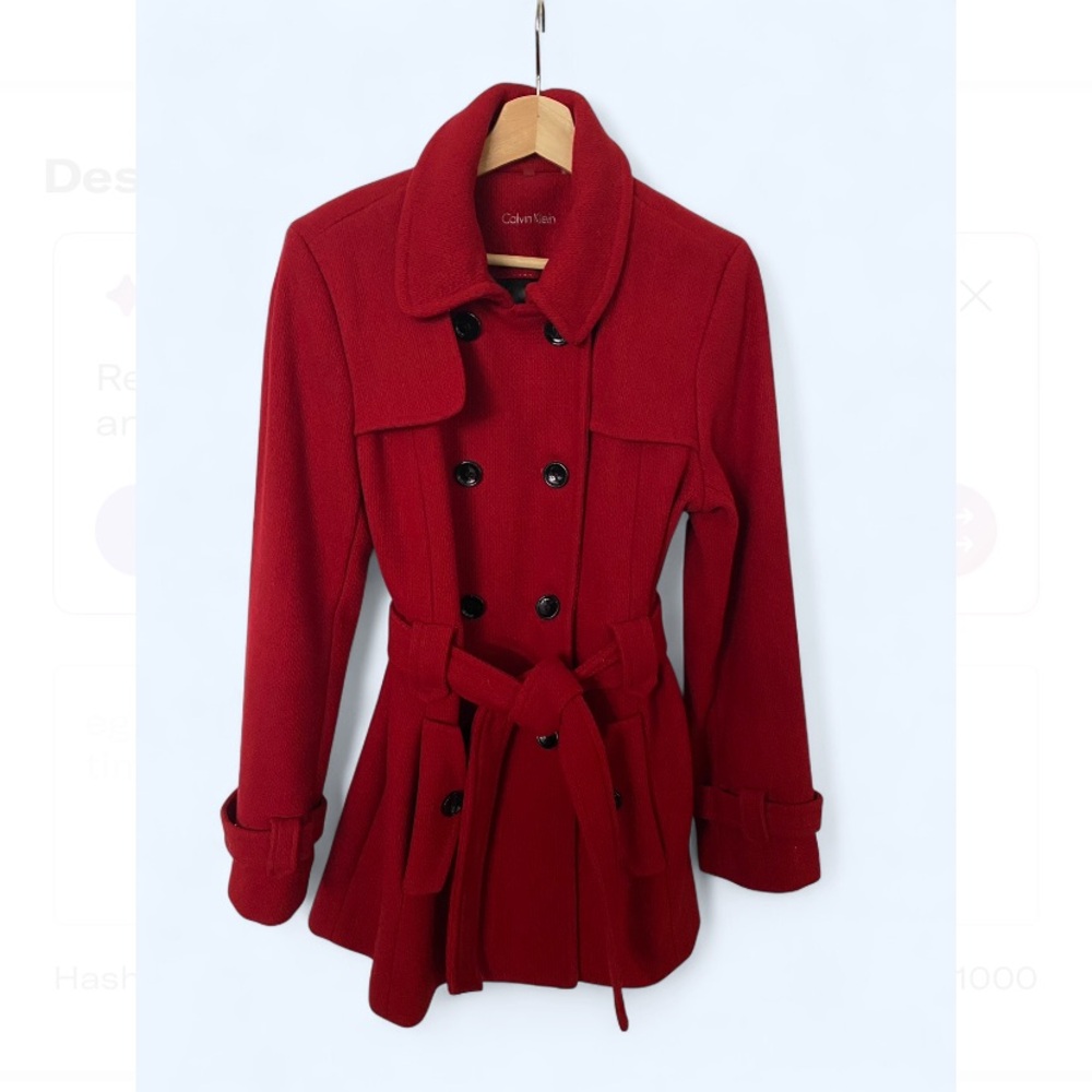 Calvin Klein Double Breasted RED Wool Coat Size Large